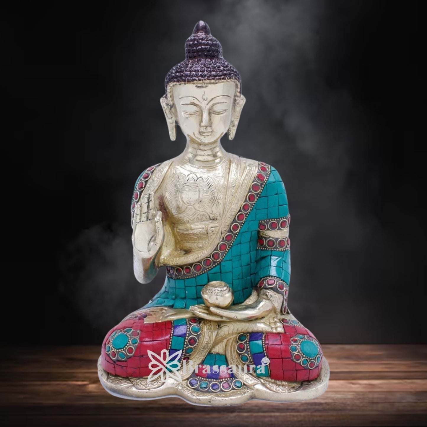 Brass Blessing Gem Stone Work Buddha Weight 3.8 kg & Height 10.5 Inch