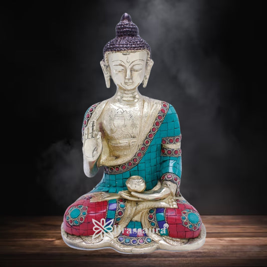 Brass Blessing Gem Stone Work Buddha Weight 3.8 kg & Height 10.5 Inch