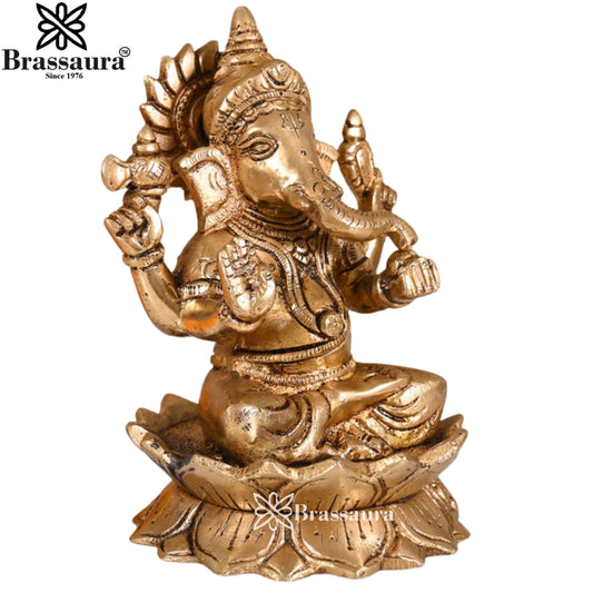 Brassaura® सिद्धि विनायक गणेश पीतल की मूर्ति | कमल आधार दिव्य स्वरूप | ऊंचाई 6 इंच