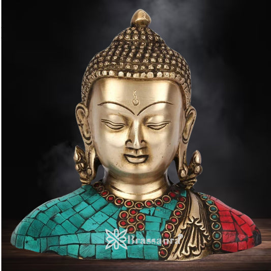 Brass Head Gem Stone Work Buddha Weight 1.6 kg & Height 7 Inch