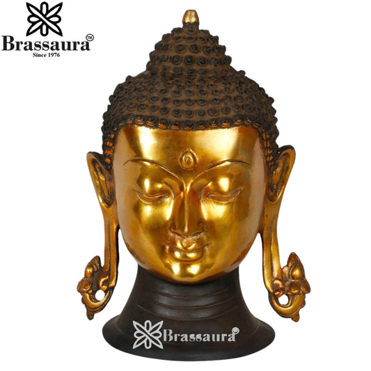 Brassaura® Buddha Head Decorative Statue with Antique Black & Gold Finish | Pure Superfine Brass Handcrafted Murti | Brass Statue for Home Temple, Pooja Room | Height 11 Inches | Weight 6 Kgs