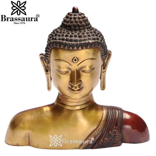 Brassaura® Buddha Head Bust with Antique Brown & Gold Finish | Pure Superfine Brass Handcrafted Murti | Brass Statue for Home Temple, Pooja Room | Height 14 Inches | Weight 10 Kgs