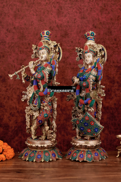 Brassaura™ Pure Brass Radha Krishna Statue with Triple-Layered Meenakari – Height 27 Inches & Weight 40 Kgs | Majestic Devotional Idol