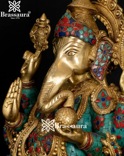 Brass Jewellery Gem Stone Work Ganesha Statue Weight 22 Kg And Height 21 Inch