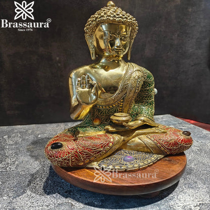 Brass Blessing Gem Stone Work Buddha Weight 5.8 kg & Height 12 Inch