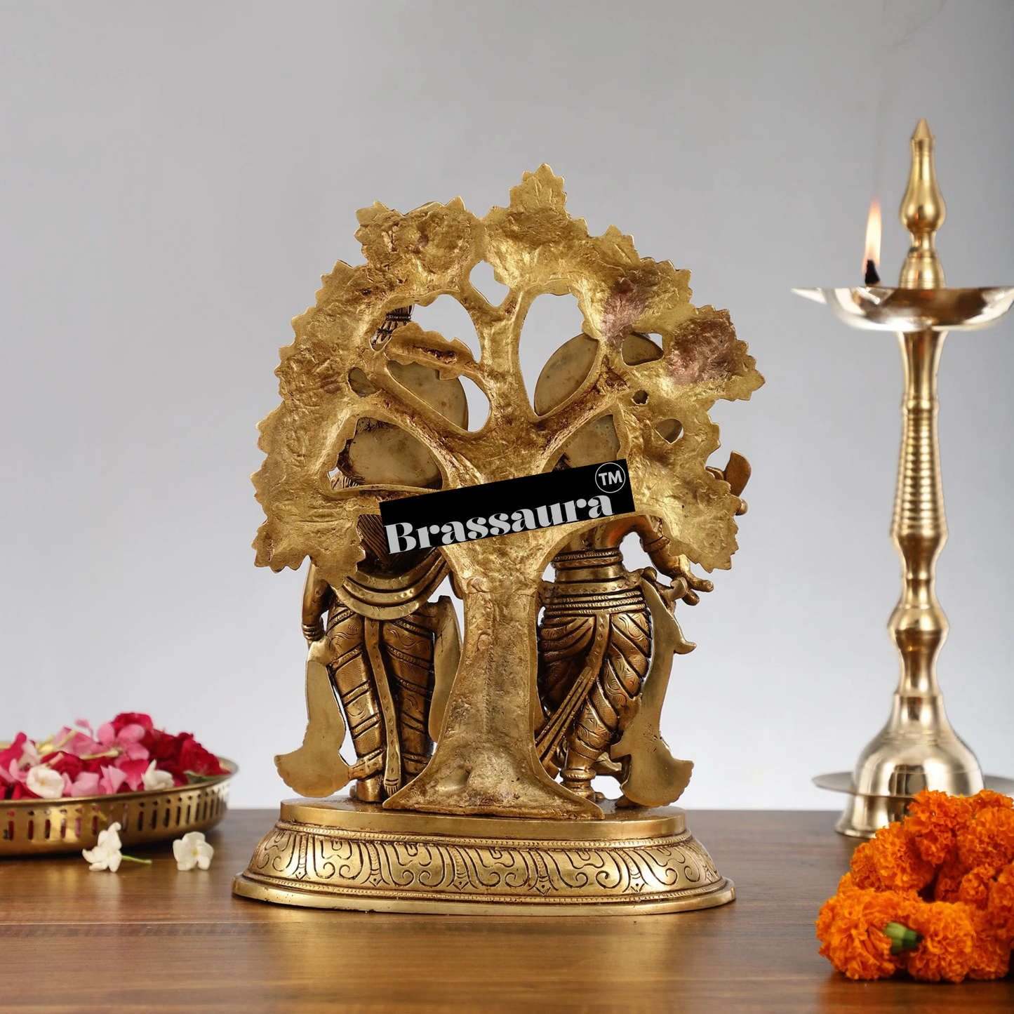 Brassaura™ Superfine Brass Radha Krishna Idols with Kalpavriksha & Peacock – Height 14 Inches & Weight 7.59 Kgs | Devotional Pair