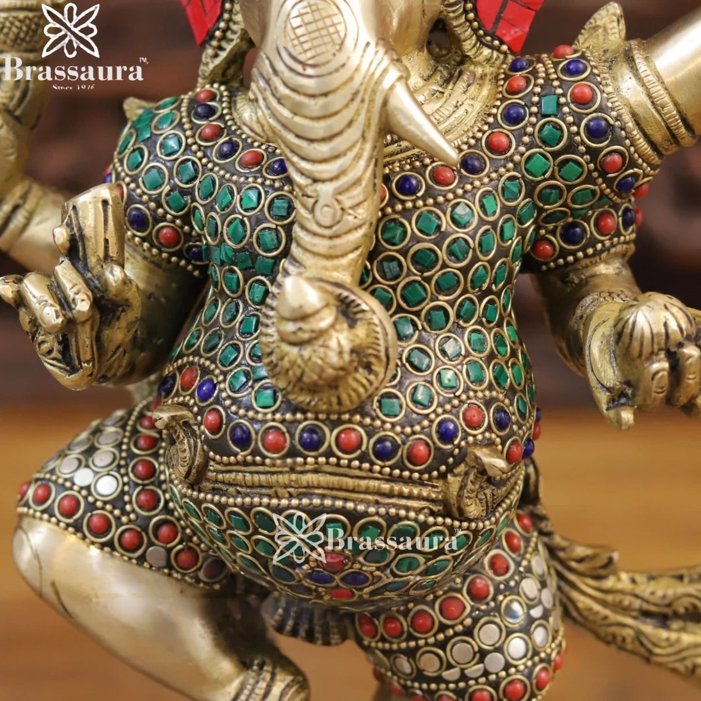 Brass Gem Stone Work Dancing Ganesha Weight 6 Kg & Height 13.5 Inch