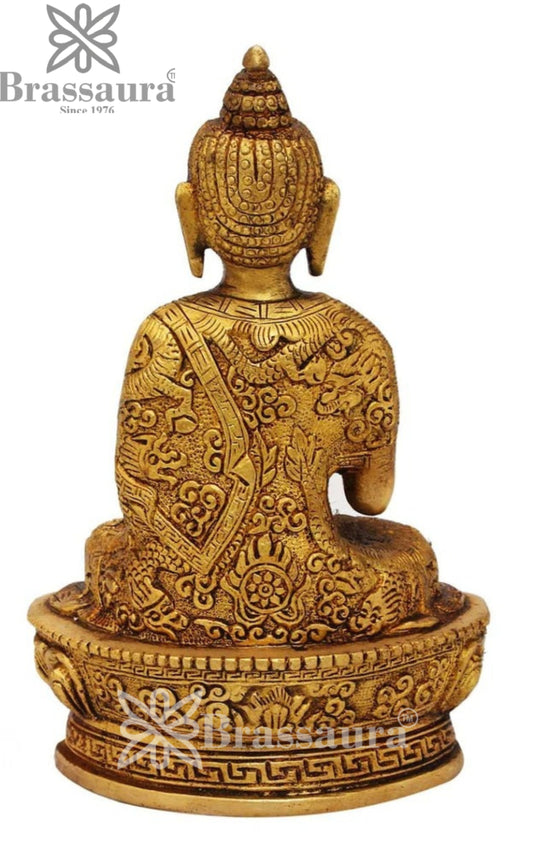 Brassaura® Buddha Sitting in Abhaya Mudra with Antique Gold Finish and Intricate Handcrafted Detailing | Pure Superfine Brass Handcrafted Murti | Brass Statue for Home Temple, Pooja Room | Height 7 Inches | Weight 1 Kg