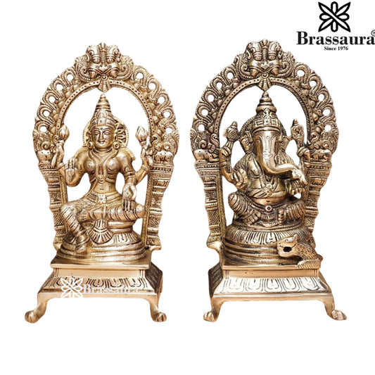 Brassaura® Lakshmi Ganesha Brass Idol Set | Traditional Temple Design Murti Pair | Height 8 Inches