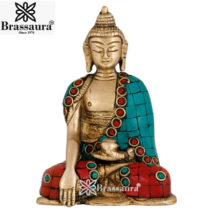 Brass Bhumisprasa Gem Stone Work Buddha Weight 0.7 kg & Height 4.5 Inch