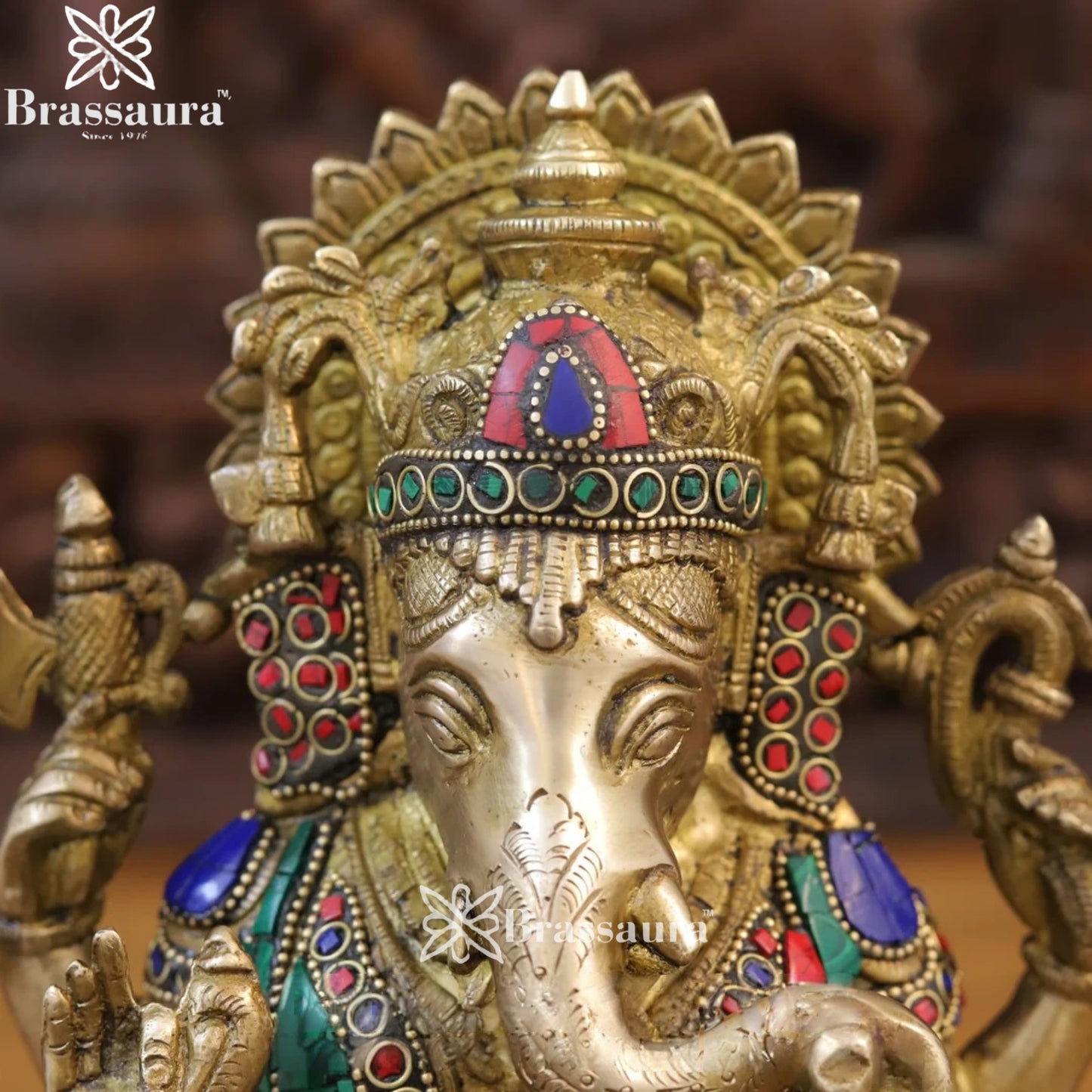 Brass Gem Stone Work Lotus Ganesha Weight 5.36 Kg & Height 12 Inch