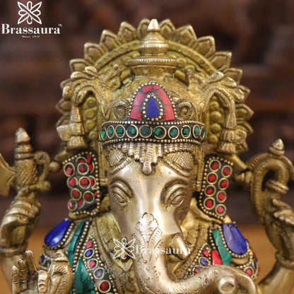 Brass Gem Stone Work Lotus Ganesha Weight 5.36 Kg & Height 12 Inch