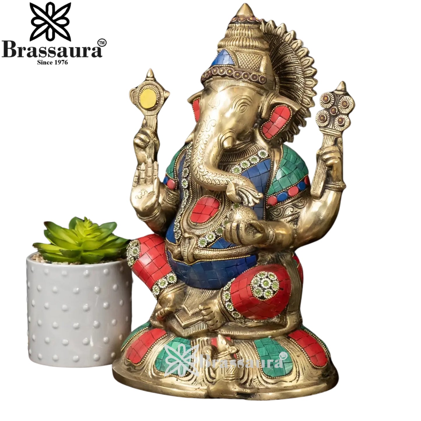 Brass Gem Stone Work Ganesha Statue Weight 8.96 Kg And Height 13.75 Inch