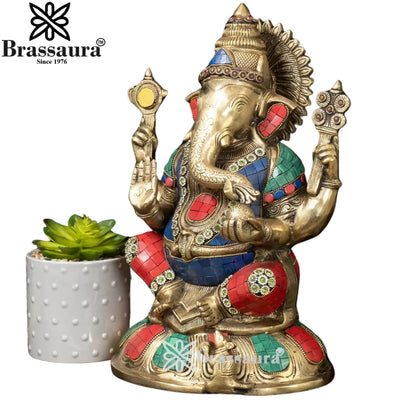 Brass Gem Stone Work Ganesha Statue Weight 8.96 Kg And Height 13.75 Inch