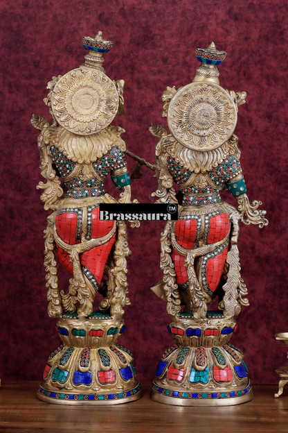 Brassaura™ Brass Radha Krishna Idol Pair with Double-Layered Meenakari – Height 25.5 Inches & Weight 25 Kgs | Elegant Devotional Statue