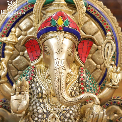 Brass Gem Stone Work Standing Ganesha Weight 14.54 Kg & Height 18 Inch