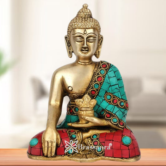 Brass Blessing Gem Stone Work Buddha Weight 1.5 kg & Height 6.5 Inch