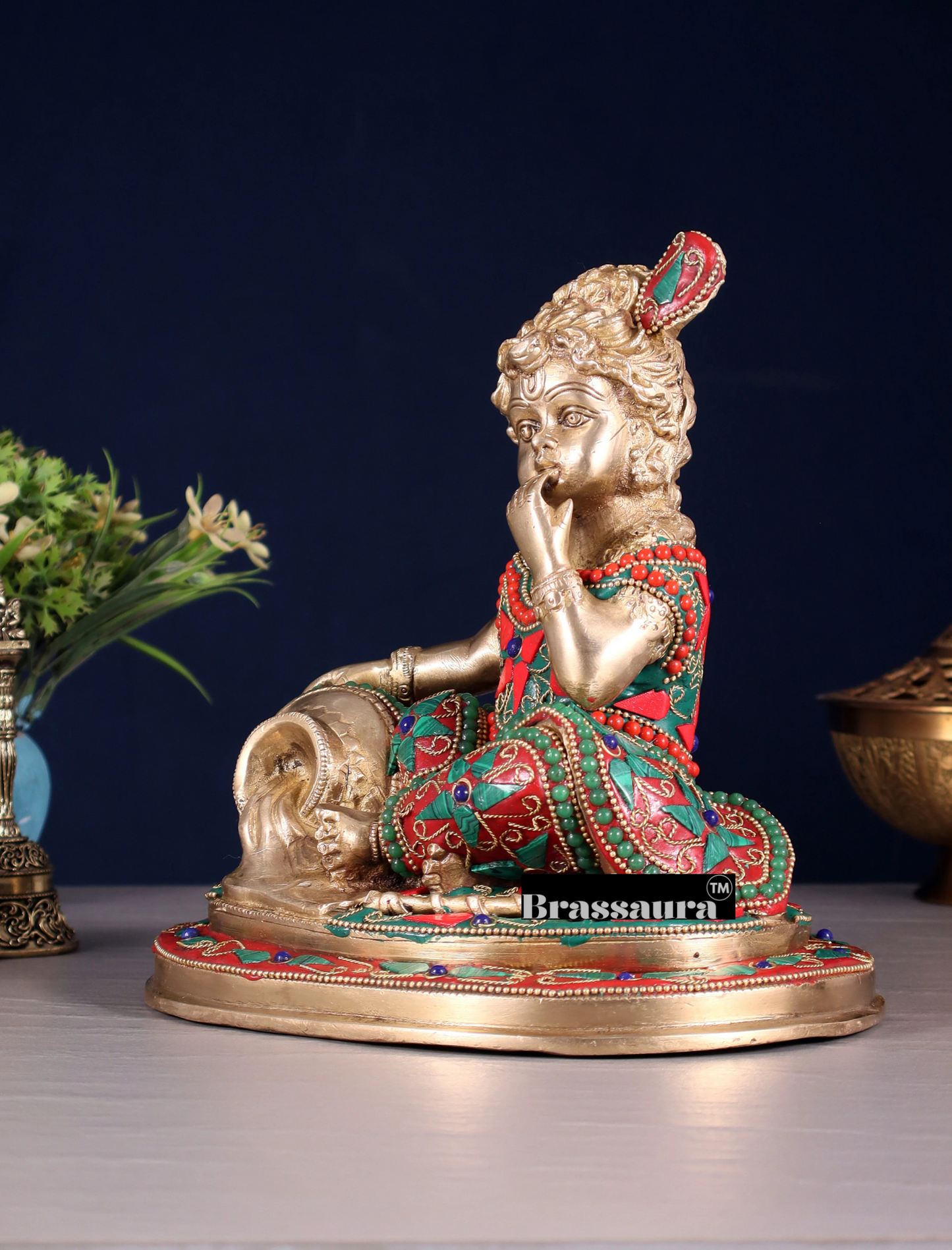 Brassaura™ Pure Brass Baby Krishna Makhan Chor Idol with Meenakari Stonework – Height 8 Inches & Weight 3.5 Kgs