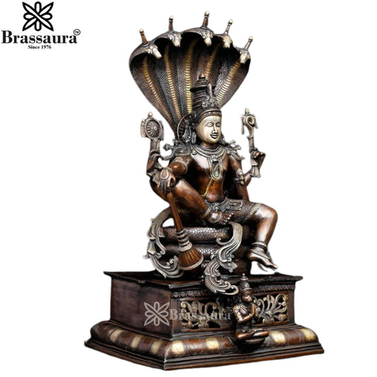 Brassaura® Vishwambhara Vishnu Sitting on Sheshnag Brass Statue | Pure Brass | Height 28 Inches