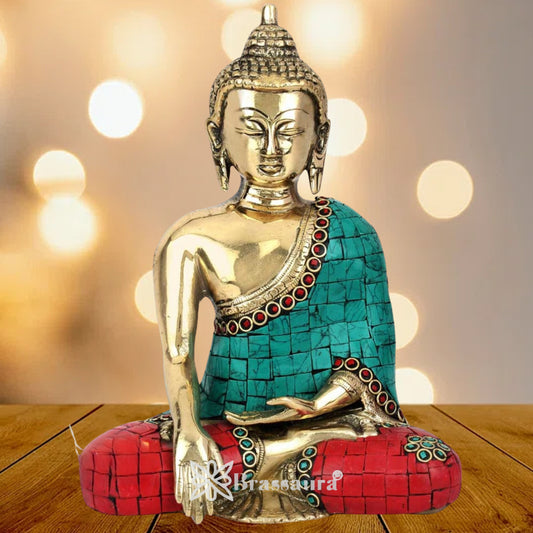 Brass Bhumisprasa Gem Stone Work Buddha Weight 2 Kg & Height 8 Inch