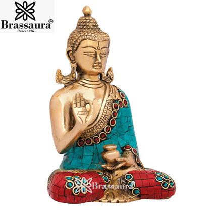 Brass Blessing Gem Stone Work Buddha Weight 1.3 kg & Height 6 Inch
