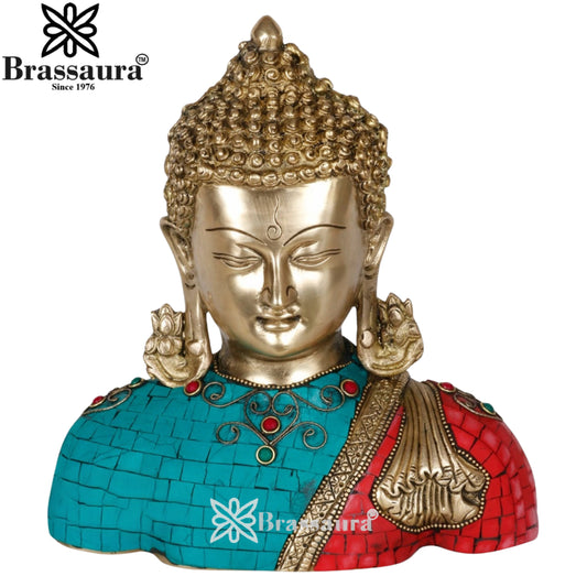 Brassaura® Buddha Bust Decorative Statue with Gem Stone Work Finish | Pure Superfine Brass Handcrafted Murti | Brass Statue for Home Temple, Pooja Room | Height 9 Inches | Weight 3.5 Kgs