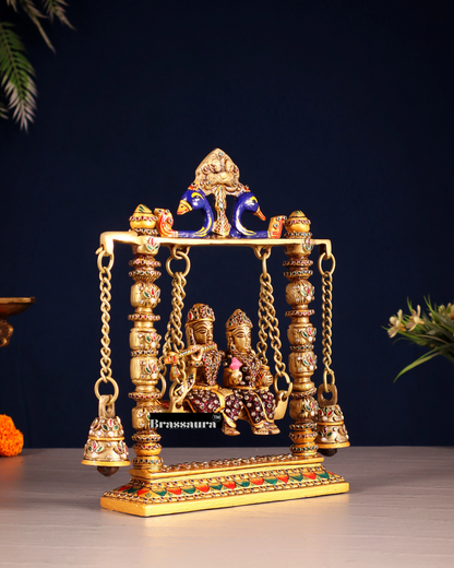 Brassaura™ Brass Radha Krishna Swing Idol with Laakh Meenakari – Height 10 Inches & Weight 2.5 Kgs | Elegant Devotional Statue