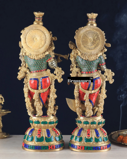 Brassaura™ Pure Brass Radha Krishna Statue with Brass Rings & Stones – Height 21 Inches & Weight 18 Kgs | Elegant Devotional Idol