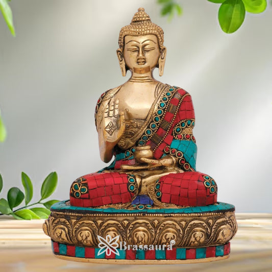 Brass Blessing Gem Stone Work Buddha Weight 6.5 kg & Height 13 Inch