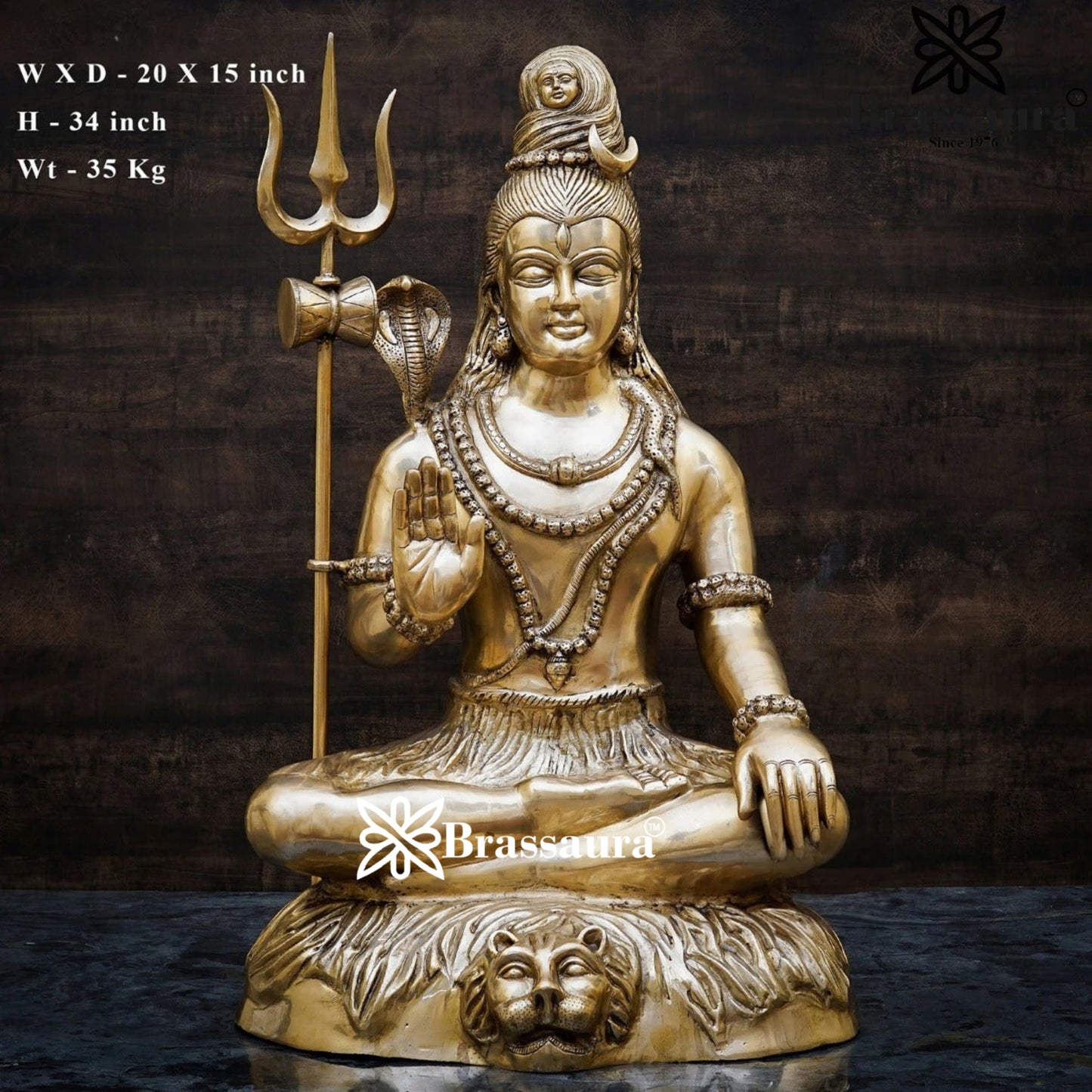 Brassaura™ Classic Brass Shiva Murti – Height 34 & Weight 35 Kgs | Sacred Idol for Temple & Home