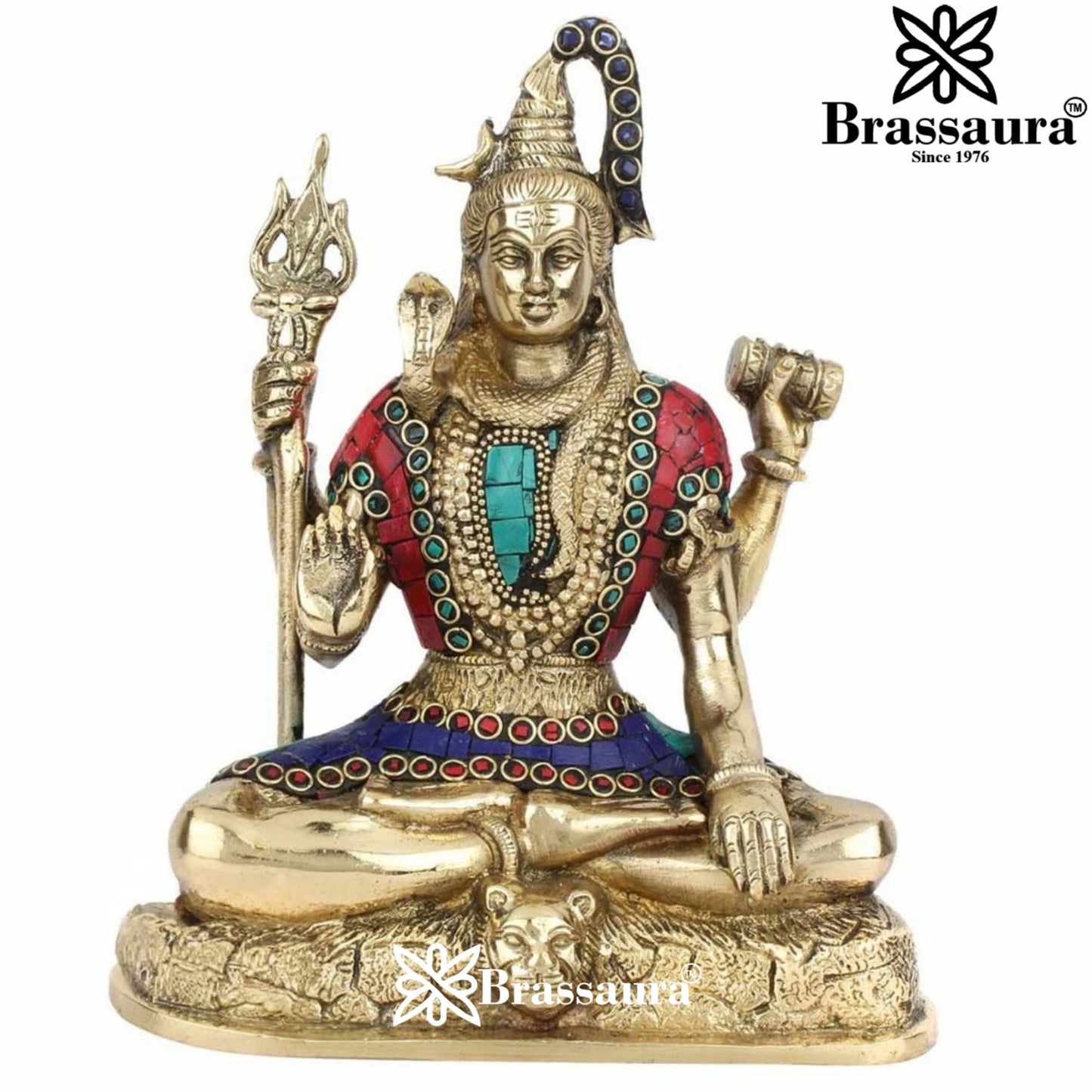 Brassaura™ Decorative Brass Shiva Murti with Gemstone Accents – Height 9 Inches & Weight 2.8 Kgs
