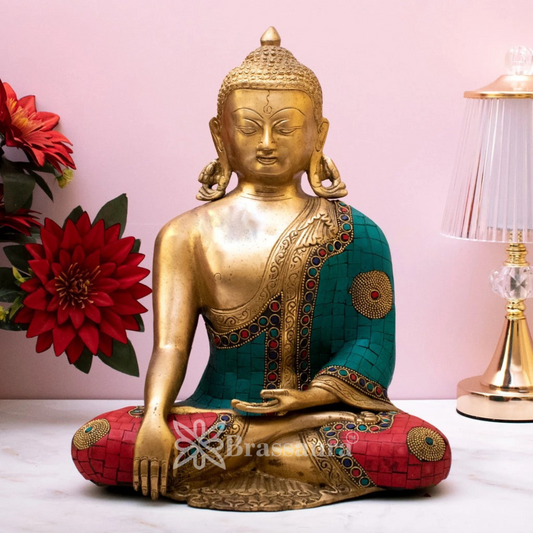 Brass Bhumisprasa Gem Stone Work Buddha Weight 6.5 kg & Height 13 Inch