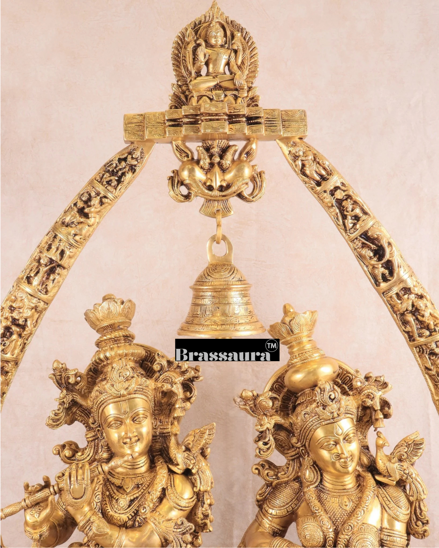 Brassaura™ Magnificent Brass Radha Krishna Temple Arch with Krishna Leelas – Arch Height 45 Inches & Total Weight 70 Kgs | Elegant Devotional Masterpiece