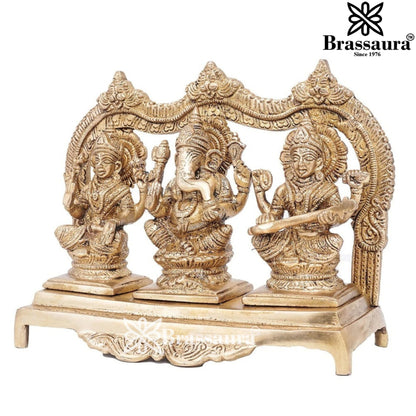 Brassaura™ Artistic Brass Laxmi Ganesha Saraswati Idol – Height 7 Inches & Weight 3.8 Kgs | Spiritual Home Décor