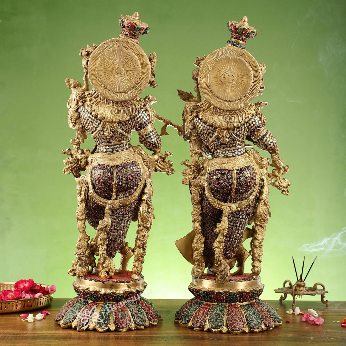 Brassaura™ Handcrafted Radha Krishna Brass Idols – 26 Inch Height, 40 Kg | South Indian Style with Lotus Base