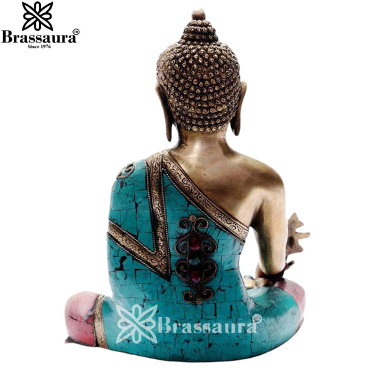 Brassaura® Gem Stone Work Buddha Idol for Home & Décor | Pure Superfine Brass Handcrafted Murti, Brass Statue for Home Temple, Pooja Room | Height 11 Inches | Weight 4.5 Kg