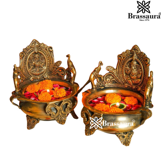Brassaura® Brass Royal Urli Bowl Pair | Handcrafted Decorative Centerpiece | Height 7.8 Inches & Weight 3.45 Kgs