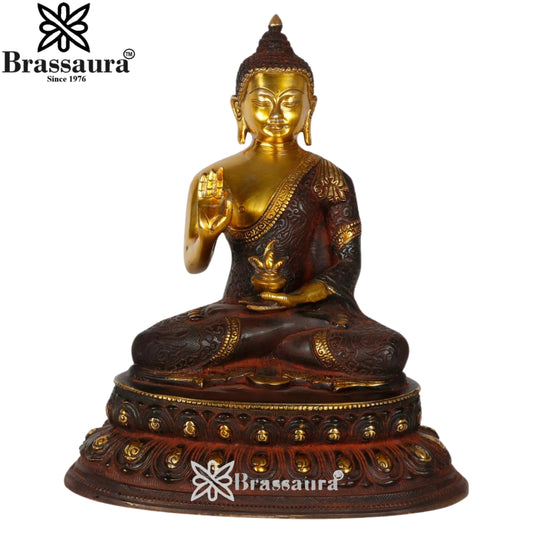 Brassaura® Buddha Sitting in Blessing Mudra Idol with Antique Brown & Gold Finish and Base | Pure Superfine Brass Handcrafted Murti | Brass Statue for Home Temple, Pooja Room | Height 12 Inches | Weight 7 Kgs