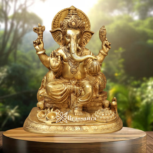 Brass Ganesha With Ladu Thali Statue Weight 10.6 Kg & Height 13 Inch