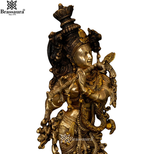 Brassaura® Lord Krishna Vasudeva Putra Brass Idol | Pure Brass Handcrafted Murti | Antique Brown Finish | Krishna Playing Flute Statue for Home Temple, Living Room & Spiritual Décor | Height 29 Inches | Weight 15 Kgs