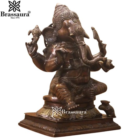 Brassaura® Bronze Finish Seated Ganesha Brass Idol | Classic Antique Aesthetic | Height 12 Inches