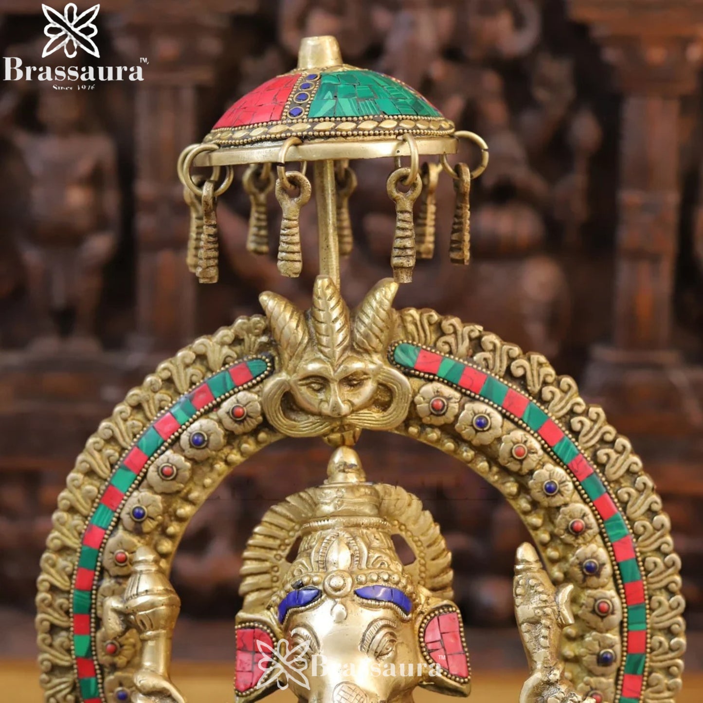 Brass Ring Gem Stone Work Ganesha Weight 9.2 Kg & Height 17.5 Inch