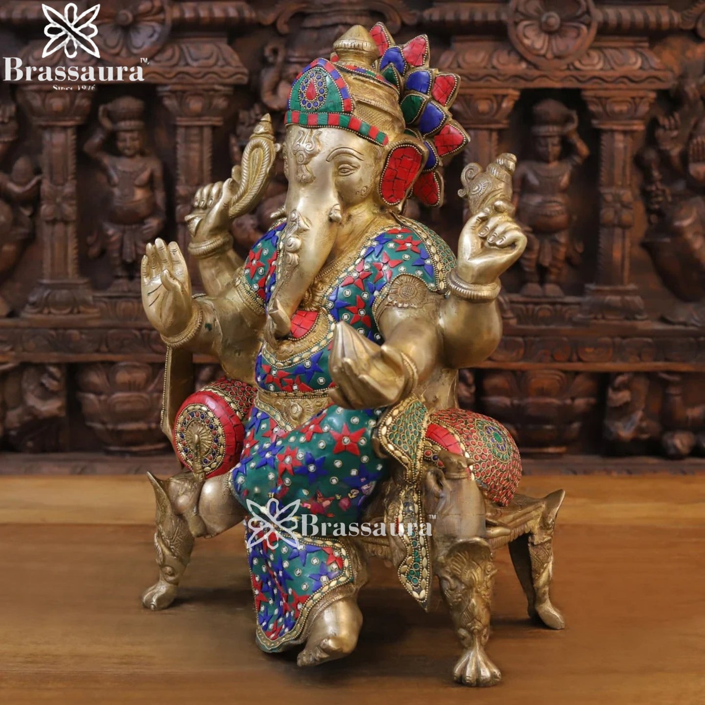 Brass Gem Stone Work Ganesha Weight 22 Kg & Height 20 Inch