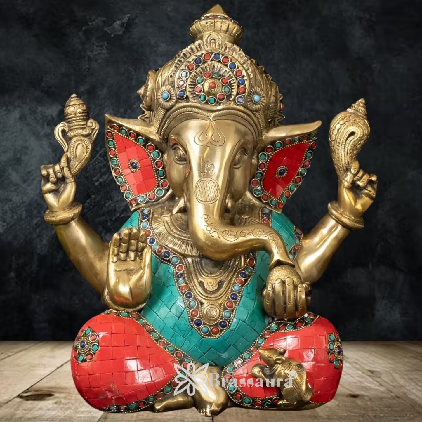 Brass Gem Stone Work Ganesha Statue Weight 9.1 Kg And Height 12 Inch