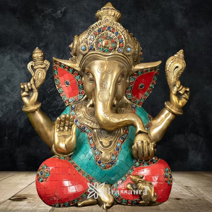 Brass Gem Stone Work Ganesha Statue Weight 9.1 Kg And Height 12 Inch