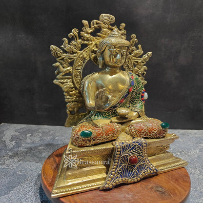 Brass Blessing Gem Stone Work Buddha Weight 5.1 kg & Height 12 Inch