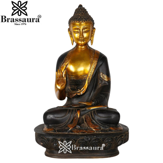 Brassaura® Buddha Sitting in Blessing Mudra Idol with Antique Black & Gold Finish and Base | Pure Superfine Brass Handcrafted Murti | Brass Statue for Home Temple, Pooja Room | Height 16 Inches | Weight 8.5 Kgs
