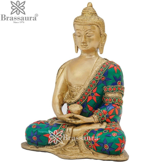 Brassaura® Buddha Sitting in Bhumisparsha Mudra with Green, Red & Blue Inlay and Antique Gold Finish | Pure Superfine Brass Handcrafted Murti | Brass Statue for Home Temple, Pooja Room | Height 8 Inches | Weight 2.1 Kgs