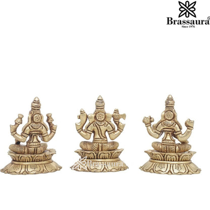 Brassaura™ Classic Brass Laxmi Ganesha Saraswati Statue – Height 3 Inches & Weight 1 Kgs | Devotional Décor