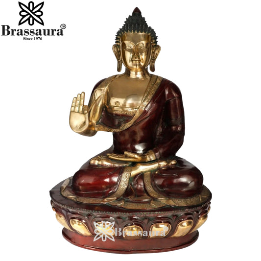 Brassaura® Buddha Sitting in Blessing Mudra Idol with Antique Brown & Gold Finish and Base | Pure Superfine Brass Handcrafted Murti | Brass Statue for Home Temple, Pooja Room | Height 46 Inches | Weight 85 Kgs
